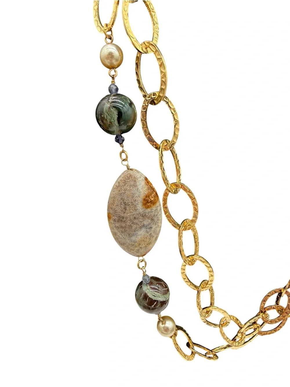 David Aubrey Vintage 18K Gold Plated HammeredChain Necklace w/ Real Stone